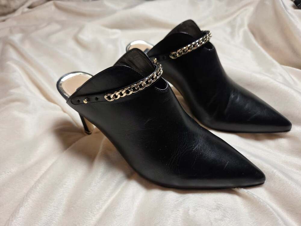 White House Black Market Mules Size 11M Black Leather Chain Stilleto Heel